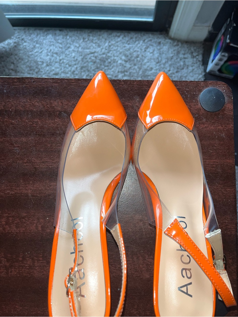 Acorn Bright Orange Pointed Slingback Pumps with Clear Sides